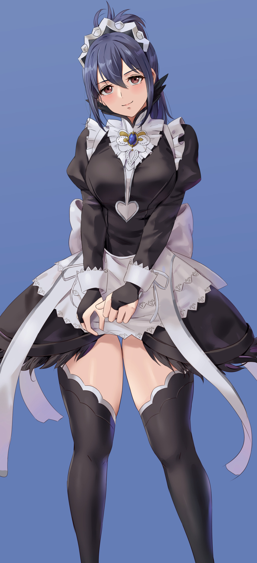 1girl absurdres alternate_costume amayo_thranana black_thighhighs blue_background blue_hair breasts bridal_gauntlets brown_eyes enmaided feet_out_of_frame fire_emblem fire_emblem_fates hair_between_eyes highres juliet_sleeves large_breasts long_sleeves maid maid_headdress miniskirt oboro_(fire_emblem) ponytail puffy_sleeves skirt solo thigh_gap thighhighs