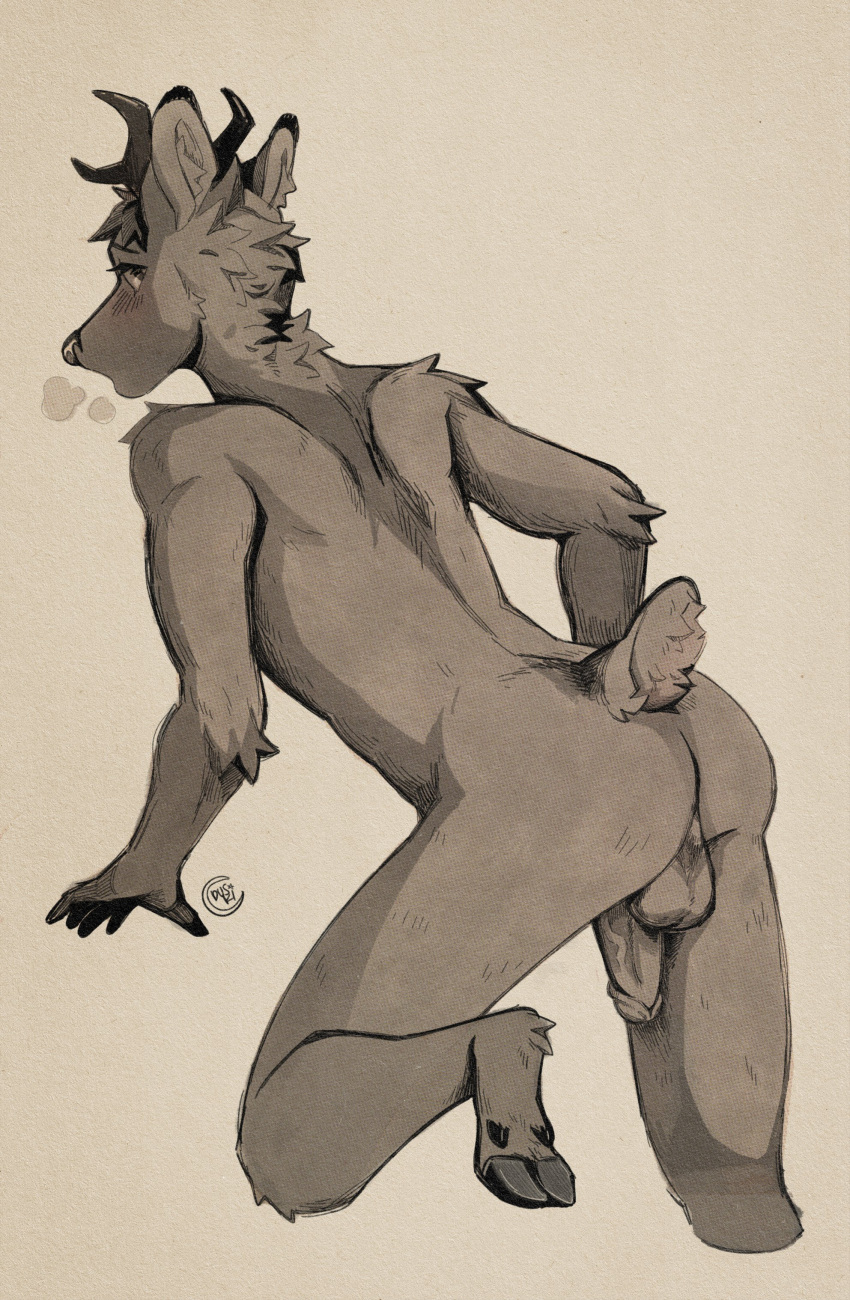 2021 absurd_res anthro antlers backsack balls blush breath butt deer duskihorns flaccid fur genitals hi_res hooves horn humanoid_genitalia humanoid_penis looking_back male mammal monochrome nude panting penis pinup pose rear_view short_tail signature simple_background solo tail vein veiny_penis