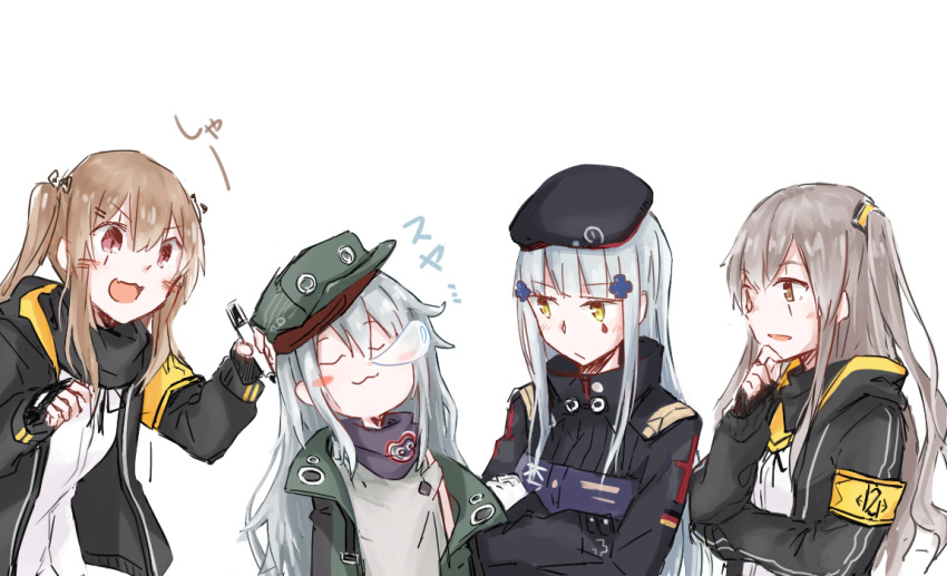 404_(girls'_frontline) 404_logo_(girls'_frontline) 4girls armband beret brown_hair closed_eyes crossed_arms g11_(girls'_frontline) girls'_frontline green_eyes grey_hair hair_ornament hat hk416_(girls'_frontline) holding holding_marker jacket kurik_07 long_hair marker multiple_girls nose_bubble one_side_up scar scar_across_eye scar_on_face siblings sisters sleeping sleeping_upright smile twintails ump45_(girls'_frontline) ump9_(girls'_frontline) yellow_armband