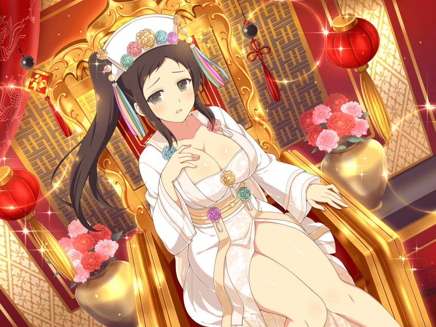 1girl architecture blue_flower blush breasts brown_hair cleavage clothing_request east_asian_architecture flower flower_pot green_eyes green_flower hat highres japanese_clothes large_breasts long_hair looking_at_viewer murakumo_(senran_kagura) official_alternate_costume official_art open_mouth pink_flower purple_flower red_flower senran_kagura senran_kagura_new_link senran_kagura_shinovi_versus side_ponytail sitting solo tassel throne translation_request yaegashi_nan yellow_flower