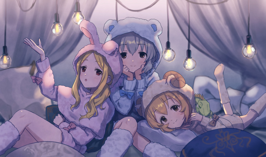 3girls animal_ears animal_hood arm_up bear_ears bed blonde_hair blush brown_eyes closed_mouth curtains fake_animal_ears fake_horns grey_hair head_rest highres holding_cushion hood horns idolmaster idolmaster_cinderella_girls idolmaster_cinderella_girls_starlight_stage idolmaster_cinderella_girls_u149 iguana knees_together_feet_apart koga_koharu lamp legs_up long_hair long_sleeves looking_at_viewer lunalight-dg lying mochizuki_hijiri mole mole_under_eye multiple_girls narumiya_yume on_bed on_stomach open_mouth pajamas parted_bangs rabbit_ears red_eyes sheep_ears sheep_horns short_hair sitting smile