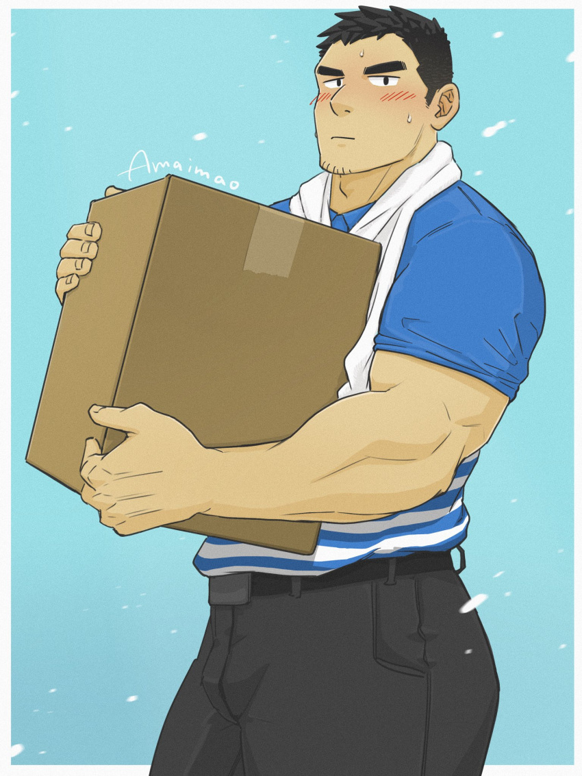 1boy amaimao bara blush box bulge cardboard_box carrying delivery employee_uniform facial_hair goatee highres looking_at_viewer male_focus mature_male muscular muscular_male original polo_shirt short_hair solo stubble sweatdrop thick_eyebrows towel towel_around_neck uniform