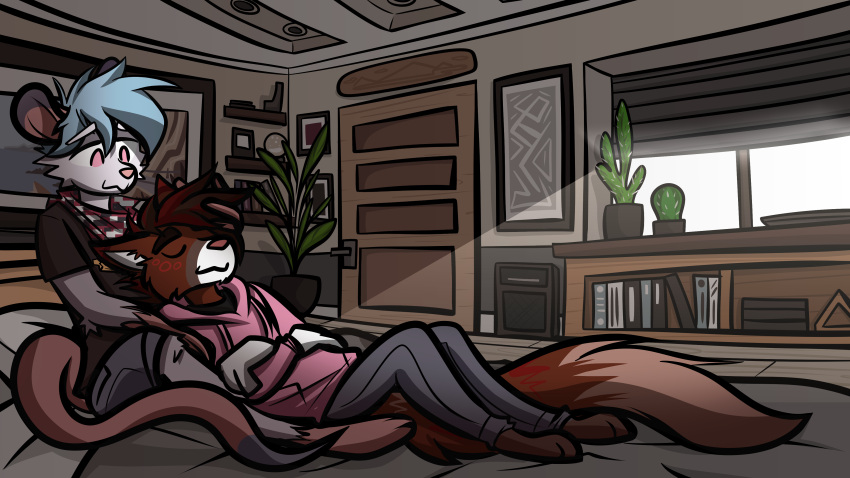 absurd_res anthro blue_hair bottomwear brown_body brown_fur brown_hair cactus canid canine clothed clothing cuddling detailed_background didelphid digital_media_(artwork) duo fur fur_markings hair hi_res hoodie male mammal maned_wolf markings marsupial nonbinary_(lore) paws pink_eyes plant quiflex round_ears shemagh tail tek_(tekthescot) tekthescot topwear virginia_opossum white_body white_fur