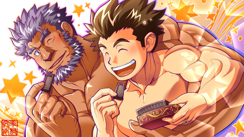 2boys bara beard blush box box_of_chocolates brown_hair bunta_ru chocolate closed_eyes commentary_request dark-skinned_male dark_skin facial_hair food happy highres holding holding_chocolate holding_food hug jewelry large_pectorals long_sideburns looking_at_another male_focus mature_male multiple_boys muscular muscular_male nekros_(f-kare) nude one_eye_closed open_mouth outline pectorals protagonist_(f-kare) purple_eyes purple_hair ring short_hair shoukan_yuusha_to_f-kei_kareshi sideburns signature smile sparkle star_(symbol) thick_eyebrows upper_body yaoi