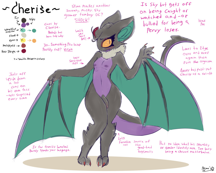 anthro blush bodily_fluids cherise_(skoon) dialogue exhibitionism fan_character flaccid foreskin generation_6_pokemon genital_fluids genitals girly hi_res male nintendo noivern nude penis pokemon pokemon_(species) pokemorph precum shy skoon solo wings