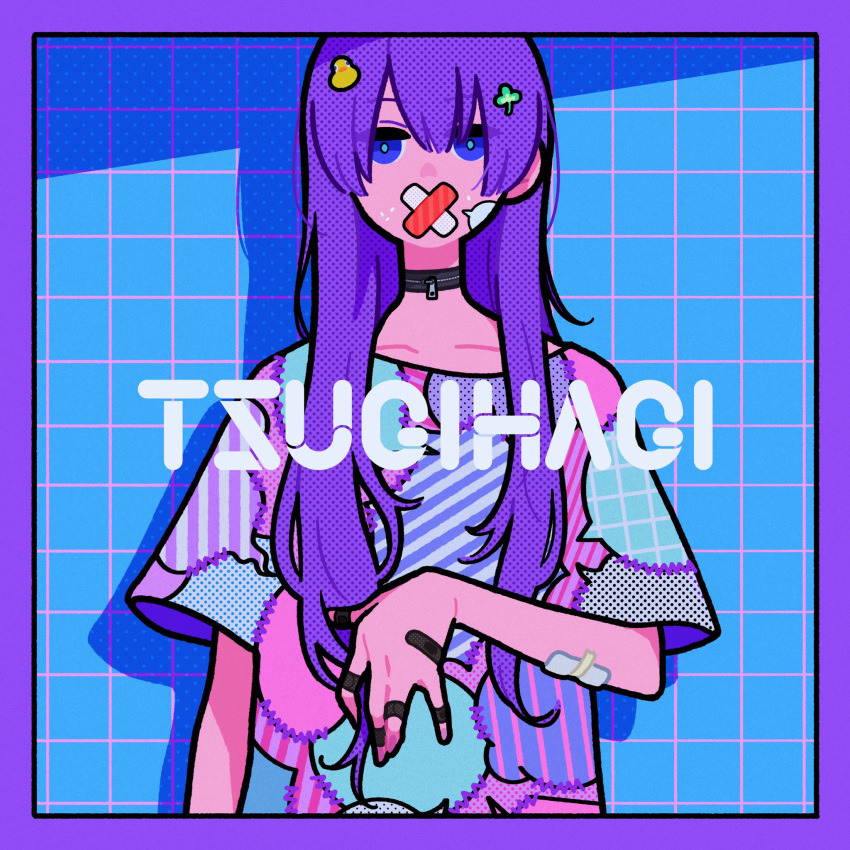 1girl bangs blue_eyes blue_pupils border covered_mouth hair_ornament halftone highres long_hair looking_at_viewer original print_shirt purple_border purple_hair rubber_duck_hair_ornament shadow shirt short_sleeves solo yoshi_mi_yoshi