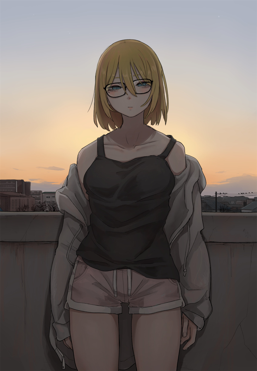 1girl arms_at_sides balcony bare_shoulders black_tank_top blonde_hair blue_eyes blush breasts building closed_mouth collarbone commentary empty_eyes feet_out_of_frame glasses gradient_sky hair_between_eyes highres jacket jacket_partially_removed light_blush lips long_sleeves looking_at_viewer medium_breasts mole mole_under_eye morning nose_blush open_clothes open_jacket original pink_shorts power_lines short_hair short_shorts shorts sky solo squinting standing star_(sky) strap_slip sunrise tabao tank_top utility_pole white_jacket