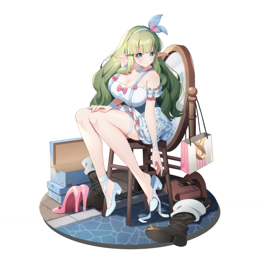 1girl armband bag bare_arms bare_legs bare_shoulders black_footwear blue_eyes blunt_bangs blush boots bow breasts chair cleavage daphne_(eversoul) dress elf eversoul frilled_armband frilled_dress frills full_body game_cg green_hair hairband high_heels highres hime_cut large_breasts long_hair looking_to_the_side mirror neck_ribbon non-web_source official_alternate_costume official_alternate_hairstyle official_art on_chair pointy_ears red_bow ribbon satchel shoe_dangle shopping_bag sidelocks sitting sleeveless sleeveless_dress smile solo strappy_heels tachi-e thigh_strap transparent_background white_dress
