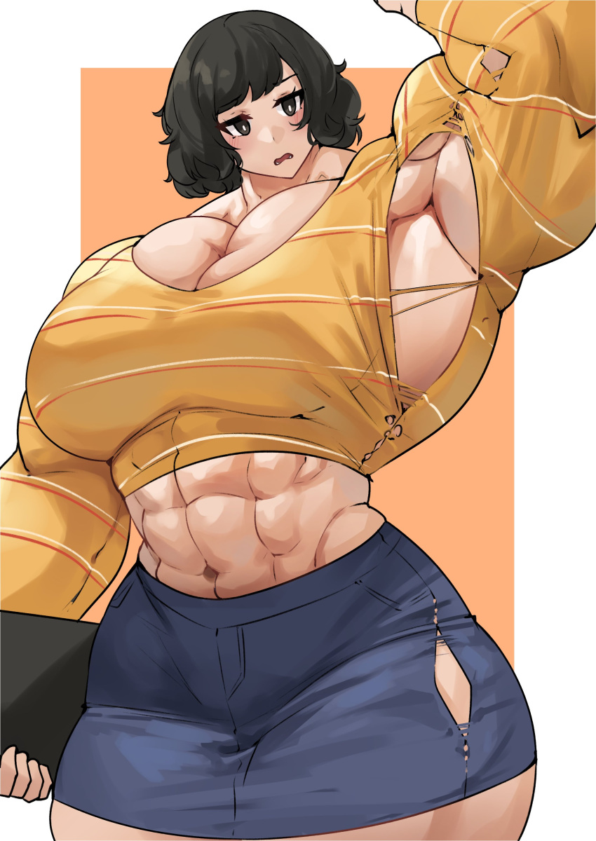 1girl abs absurdres alternate_muscle_size biceps blue_skirt blush book breasts brown_eyes brown_hair clipboard curvy denim denim_skirt flexing highres holding holding_clipboard kawakami_sadayo large_breasts midriff miniskirt muscle_growth musctonk muscular muscular_female navel open_mouth persona persona_5 shirt short_hair simple_background skirt solo thick_thighs thighs torn_clothes torn_shirt yellow_shirt