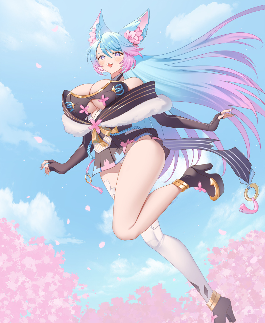 1girl absurdres animal_ear_fluff animal_ears bare_shoulders black_gloves black_kimono blue_hair breasts cherry_blossoms choker cleavage cleavage_cutout clothing_cutout dress elbow_gloves fingerless_gloves flower fur_trim gloves gradient_hair hair_flower hair_ornament high_heels highres huge_breasts indie_virtual_youtuber japanese_clothes kimono looking_at_viewer multicolored_hair off-shoulder_dress off_shoulder open_mouth outdoors pink_hair platform_footwear purple_eyes short_dress silvervale single_thighhigh sky smile solo standing standing_on_one_leg swept_bangs thighhighs underboob virtual_youtuber vshojo wolf_ears wolf_girl zzo_(chorizzzzo)
