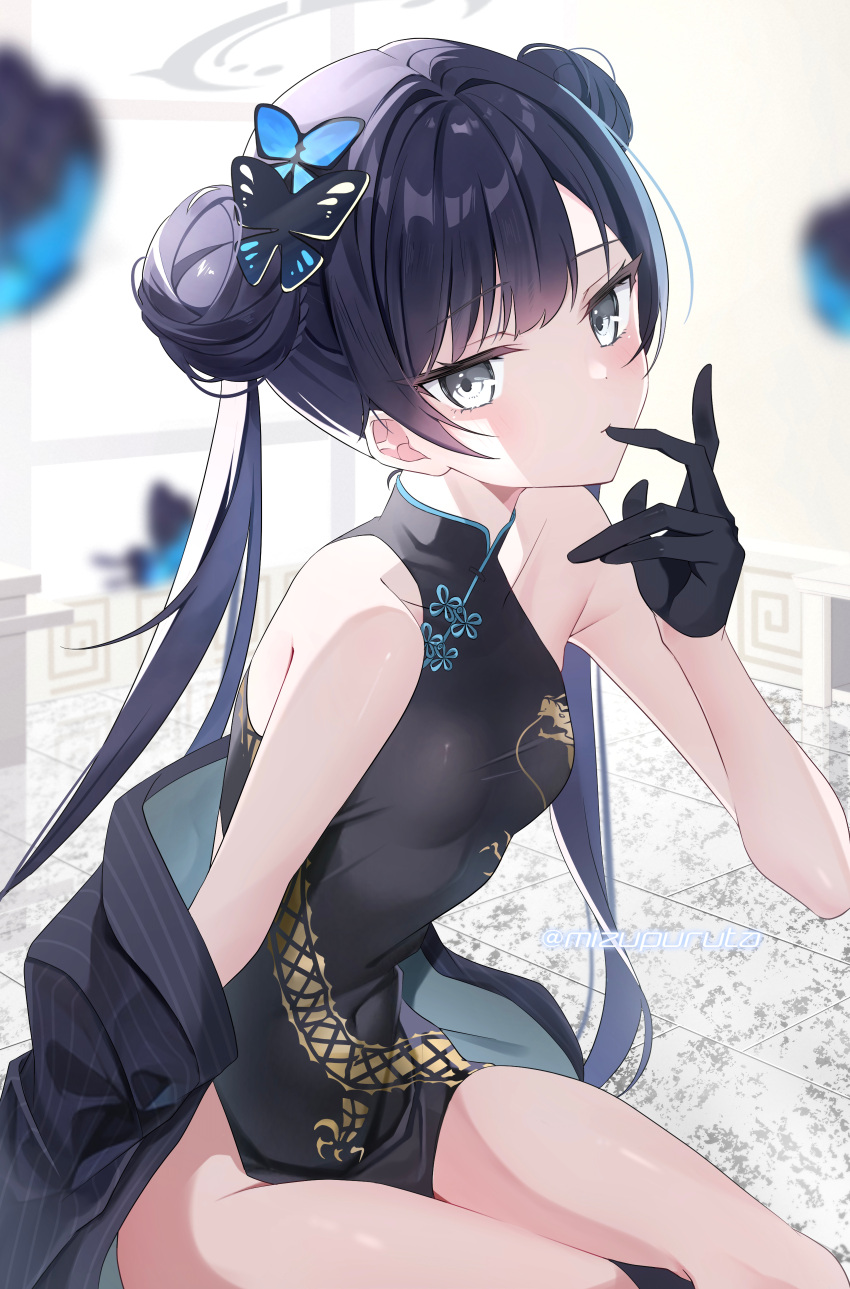 1girl absurdres bare_shoulders black_dress black_gloves black_hair blue_archive blue_eyes blurry blurry_background braid braided_bun breasts butterfly_hair_ornament china_dress chinese_clothes closed_mouth covered_navel double_bun dragon_print dress finger_to_mouth gloves grey_eyes grey_jacket hair_bun hair_ornament halo highres indoors jacket kisaki_(blue_archive) long_hair looking_at_viewer mizupuruta off_shoulder pelvic_curtain print_dress short_dress side_slit sitting sleeveless sleeveless_dress small_breasts solo striped striped_jacket twintails twitter_username vertical-striped_jacket vertical_stripes