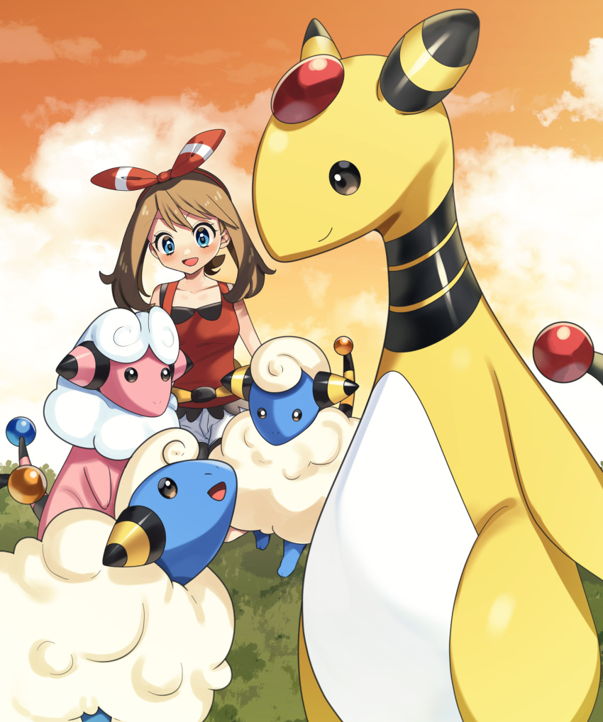 1girl :d absurdres ampharos blue_eyes blush bow_hairband brown_hair closed_mouth cloud commentary_request evolutionary_line eyelashes flaaffy grass hairband highres mareep may_(pokemon) open_mouth outdoors pokemon pokemon_(creature) pokemon_(game) pokemon_oras red_hairband sheep shirt shorts sitting sky sleeveless sleeveless_shirt smile white_shorts yuihico