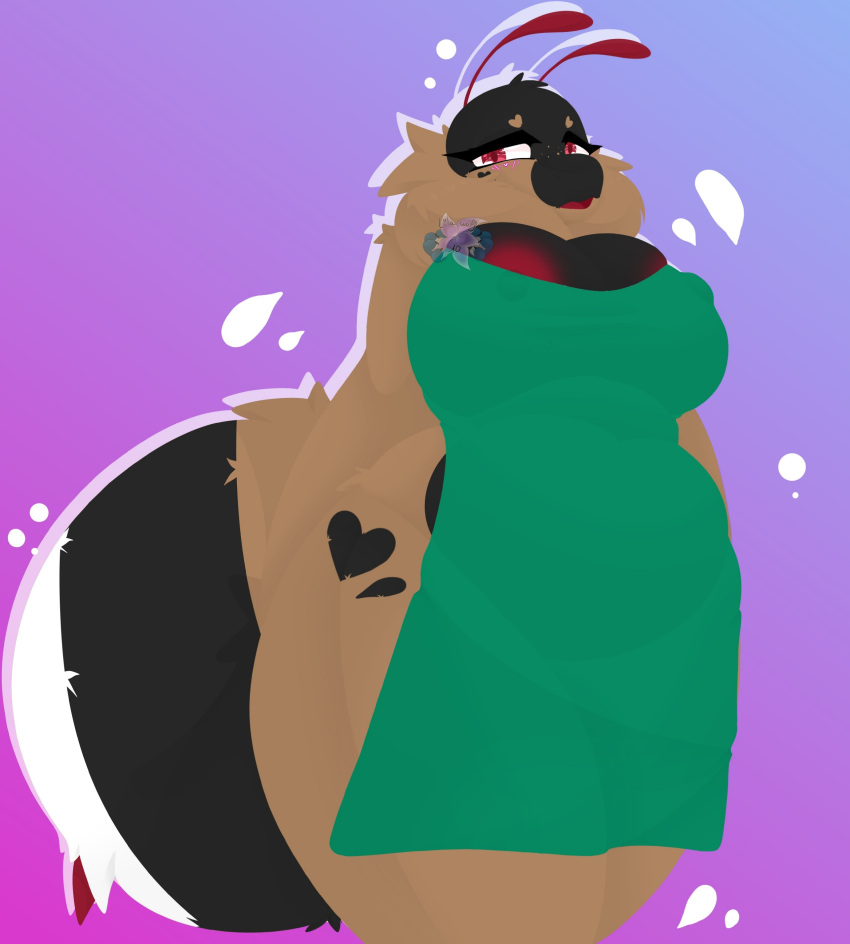 &lt;3 absurd_res antennae_(anatomy) anthro apron arthropod bee belly black_body black_fur blush breasts brown_body brown_fur chubby_anthro chubby_belly chubby_female clothed clothing female fluffy fluffy_tail fur gradient_background hi_res hymenopteran insect looking_at_viewer neck_tuft nipples open_mouth overweight overweight_anthro overweight_female partially_clothed red_eyes shaded shy simple_background solo starbucks tail thick_thighs tsukipaw tuft white_body white_fur wide_hips yuka(tsukipaw)