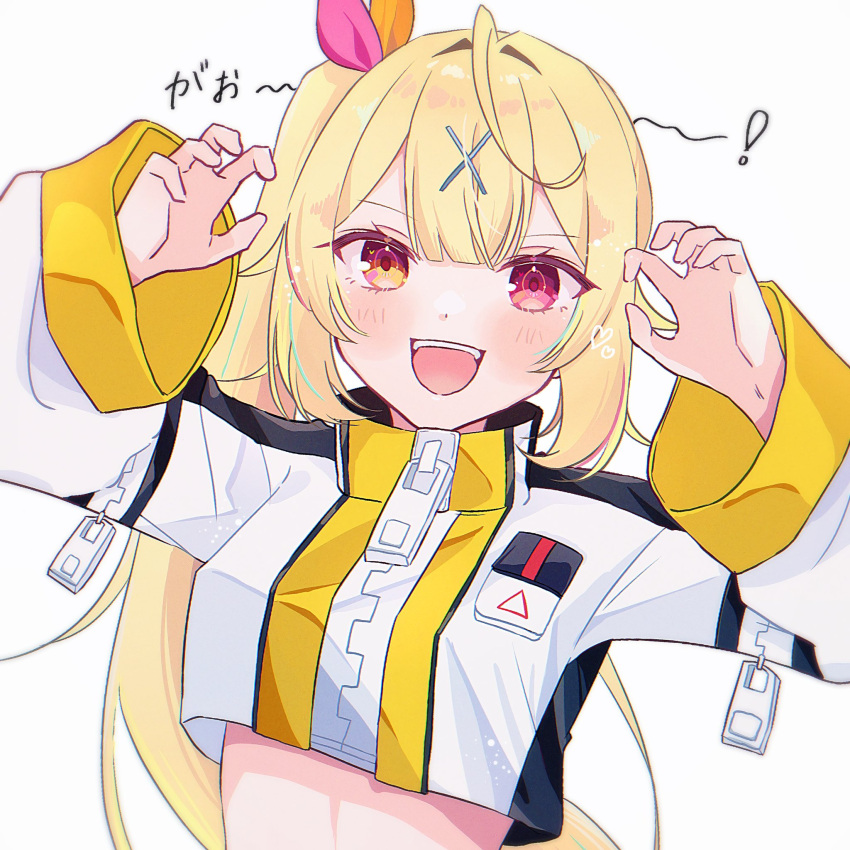 1girl :d blonde_hair blunt_bangs blush claw_pose commentary_request cosplay cropped_jacket denonbu hair_ornament hands_up heterochromia high_collar highres hoshikawa_sara jacket long_hair long_sleeves looking_at_viewer nijisanji open_mouth red_eyes shiratamamaru side_ponytail simple_background smile solo taiga_lucia taiga_lucia_(cosplay) upper_body very_long_hair virtual_youtuber voice_actor white_background white_jacket x_hair_ornament yellow_eyes zipper