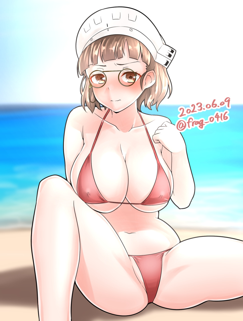 1girl beach bikini blue_sky blunt_bangs breasts brown_eyes brown_hair cleavage cloud commentary_request dated day furaggu_(frag_0416) glasses highres horizon kantai_collection large_breasts ocean one-hour_drawing_challenge outdoors pince-nez red_bikini roma_(kancolle) sky solo spread_legs swimsuit twitter_username wavy_hair