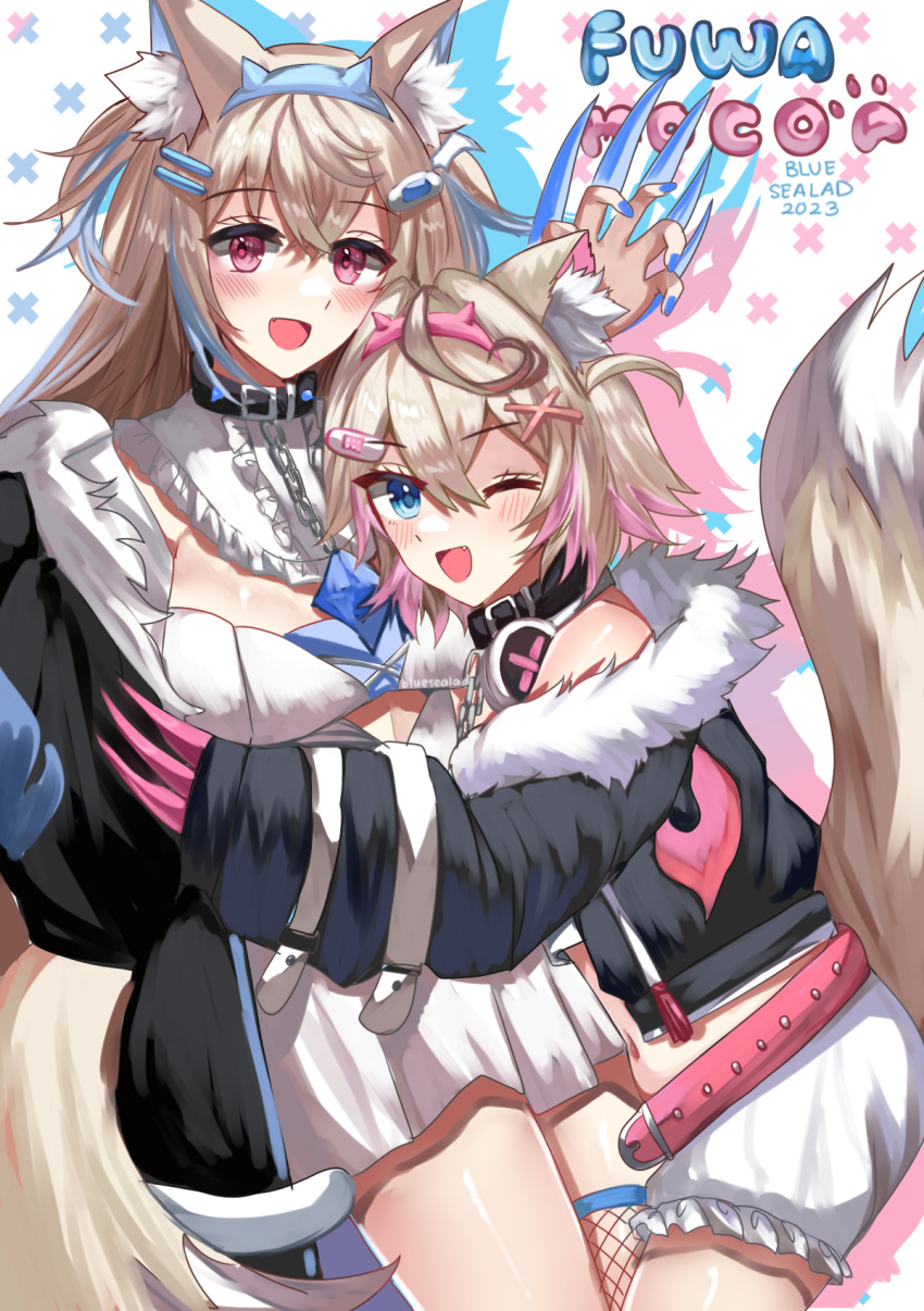 2girls animal_ear_fluff animal_ears belt_collar black_collar blonde_hair blue_eyes blue_hair blue_nails blue_sealad breasts character_name collar cropped_jacket dog_ears dog_girl dog_tail dress fake_claws fur-trimmed_jacket fur_trim fuwawa_abyssgard hair_ornament hairpin highres hololive hololive_english hug jacket large_breasts mococo_abyssgard multicolored_hair multiple_girls one_eye_closed open_mouth pink_eyes pink_hair pink_nails short_shorts shorts siblings single_fishnet_legwear sisters small_breasts smile spiked_collar spikes streaked_hair tail twins virtual_youtuber white_dress white_shorts x_hair_ornament