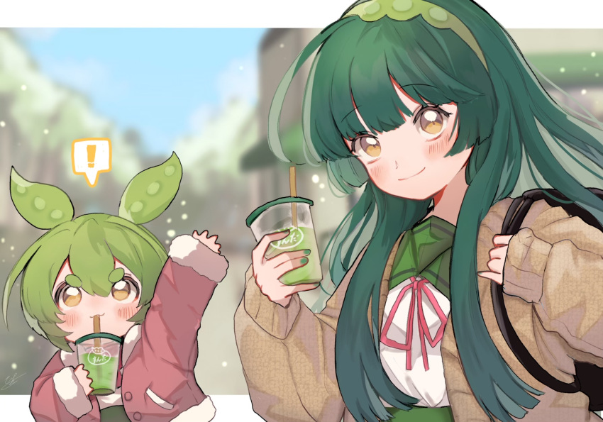 ! 2girls :3 ahoge alternate_costume arm_up bag blurry blurry_background blush brown_cardigan cardigan closed_mouth coat commentary_request drink drinking fur-trimmed_coat fur_trim green_hair green_hairband green_nails green_sailor_collar hair_over_shoulder hairband highres hikimayu hime_cut holding holding_drink letterboxed light_particles long_hair long_sleeves looking_at_viewer multiple_girls neck_ribbon open_cardigan open_clothes open_coat outdoors outside_border pinky_out red_coat red_ribbon ribbon sailor_collar school_uniform serafuku shirt shirt_tucked_in shoulder_bag smile spoken_exclamation_mark touhoku_zunko town uchisaki_himari upper_body v-shaped_eyebrows voiceroid voicevox white_shirt yellow_eyes zundamon