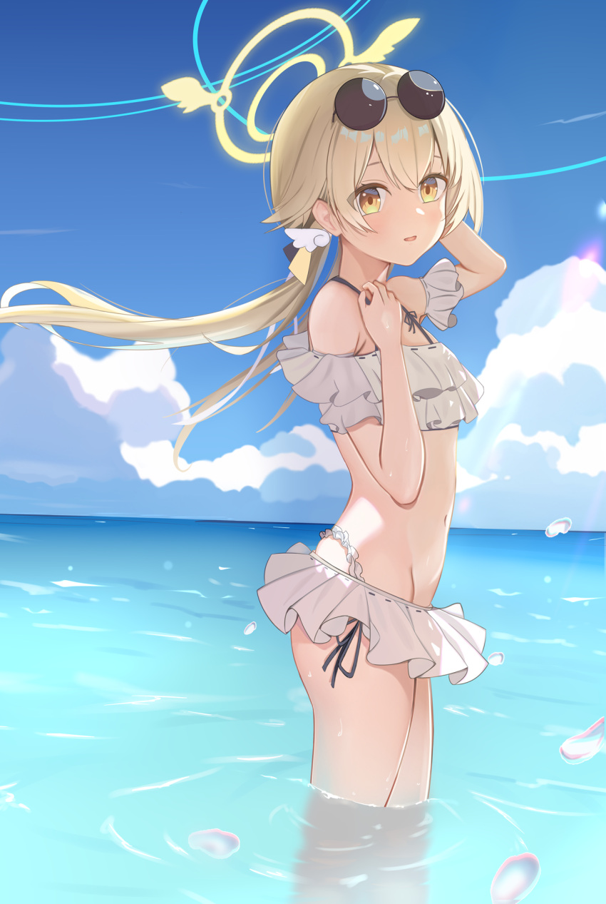 1girl ass bare_legs bare_shoulders bikini blue_archive blush cloud cloudy_sky day eyewear_on_head frilled_bikini frills hair_between_eyes halo hifumi_(blue_archive) hifumi_(swimsuit)_(blue_archive) highres light_brown_hair long_hair low_twintails navel ocean official_alternate_costume open_mouth outdoors partially_submerged round_eyewear sky solo sunglasses swimsuit twintails water white_bikini yellow_eyes yellow_halo zhnyy3