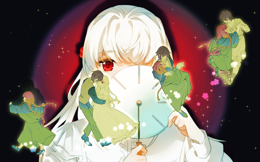 1boy 2girls :d albino braid closed_eyes dancing fata_morgana_no_yakata highres jacopo_bearzatti long_hair mary_janes morgana_(fata_morgana_no_yakata) multiple_girls one_eye_covered portrait red_eyes shoes smile sparkle spotlight star_(symbol) the_white-haired_girl_(fata_morgana_no_yakata) twin_braids white_hair xunjn1