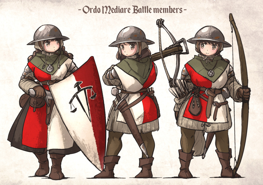 3girls armor arrow_(projectile) balance_scale_print belt boots bow_(weapon) braid brown_hair crossbow crossbow_bolt gambeson gloves helmet highres holding holding_bow_(weapon) holding_crossbow holding_weapon ironlily kettle_helm kite_shield medieval mid_neutral_sister_(ironlily) multiple_girls ordo_mediare_sisters_(ironlily) quiver scabbard sheath sheathed single_braid_sister_(ironlily) standing surcoat sword twin_braids_sister_(ironlily) weapon