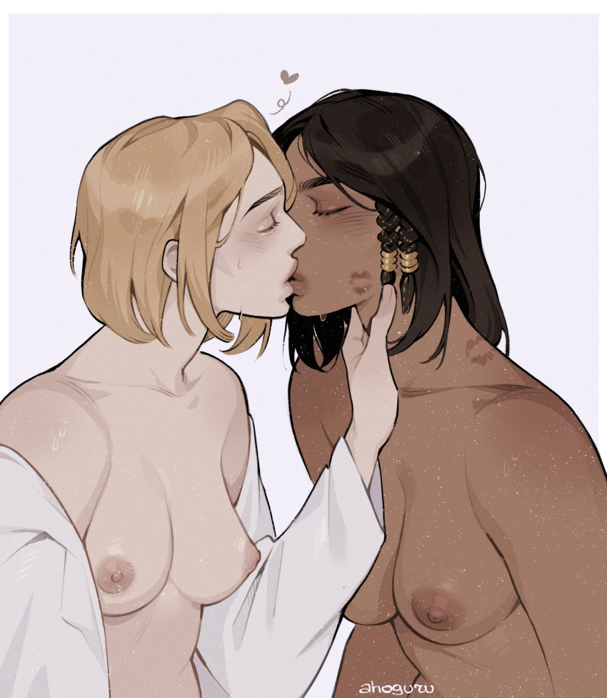 2girls ahageao49 artist_name black_hair blonde_hair blush breasts closed_eyes completely_nude heart highres kiss lipstick_mark lipstick_mark_on_face lipstick_mark_on_neck mercy_(overwatch) multiple_girls nude overwatch overwatch_1 pharah_(overwatch) yuri