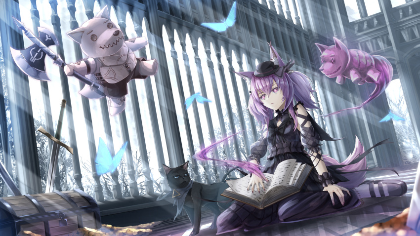 1girl animal_ear_fluff animal_ears arknights axe black_cat blue_butterfly bug butterfly cat coin crudefish diamond-shaped_pupils diamond_(shape) fox_ears fox_tail gold_coin gothic_lolita hat highres holding holding_axe kneeling lolita_fashion mini_hat outdoors purple_eyes purple_hair shamare_(arknights) solo stuffed_wolf sunlight sword symbol-shaped_pupils tail treasure_chest twintails weapon wrist_cuffs