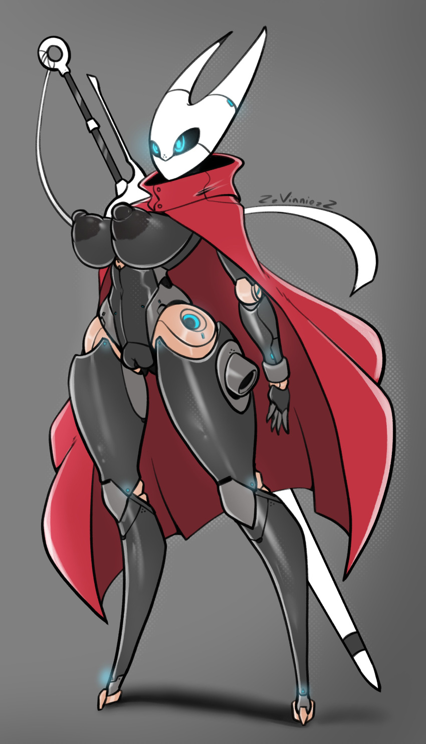 2023 absurd_res areola black_areola black_body black_nipples breasts cape clothing fecharis female fingers hi_res hollow_knight hornet_(hollow_knight) machine nipples red_cape robot solo standing team_cherry vessel_(species) wide_hips zzvinniezz