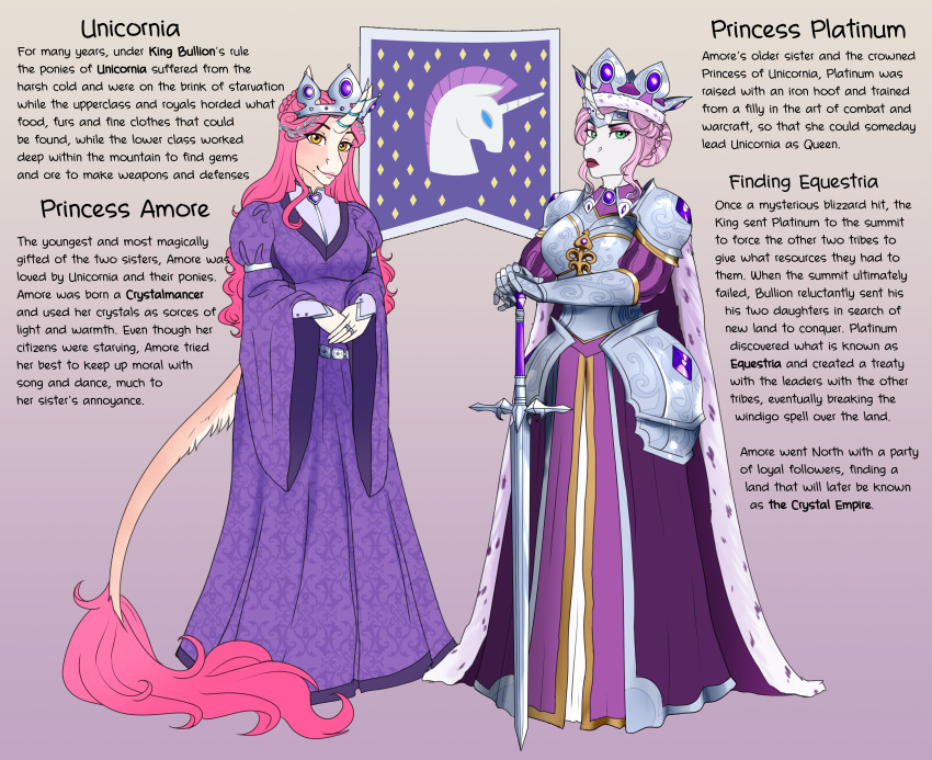 absurd_res armor clothing crown dialogue dress english_text equid equine female friendship_is_magic gauntlets gloves handwear hasbro headgear hi_res horn lore mammal melee_weapon my_little_pony princess_amore_(mlp) princess_platinum_(mlp) ring standing sword text thecatnamedfish tiara unicorn weapon