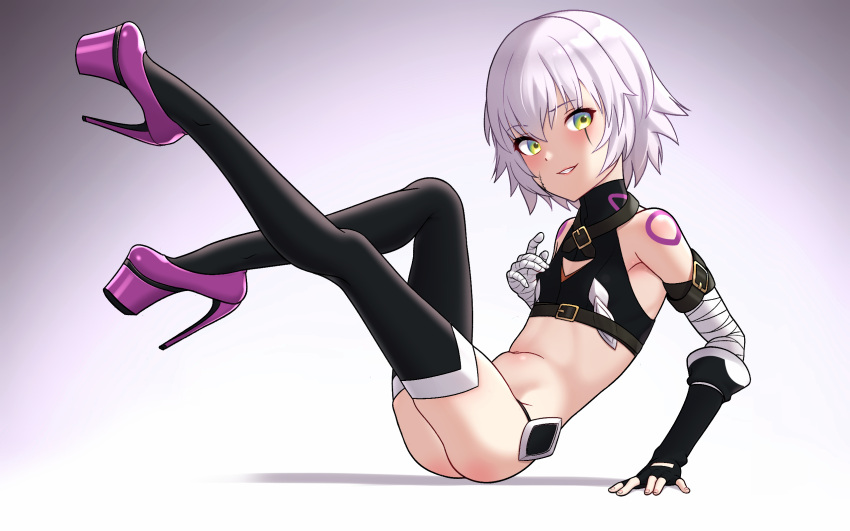 1girl bandaged_arm bandages bare_shoulders black_thighhighs black_vest blush breasts cropped_vest fate/apocrypha fate/grand_order fate_(series) female_child full_body green_eyes hair_between_eyes high_heels highres jack_the_ripper_(fate/apocrypha) looking_at_viewer navel nora_neko_(fjya7473) panties revealing_clothes scar scar_across_eye scar_on_cheek scar_on_face short_hair shoulder_tattoo sitting small_breasts smile solo stomach tattoo thighhighs underwear vest white_hair
