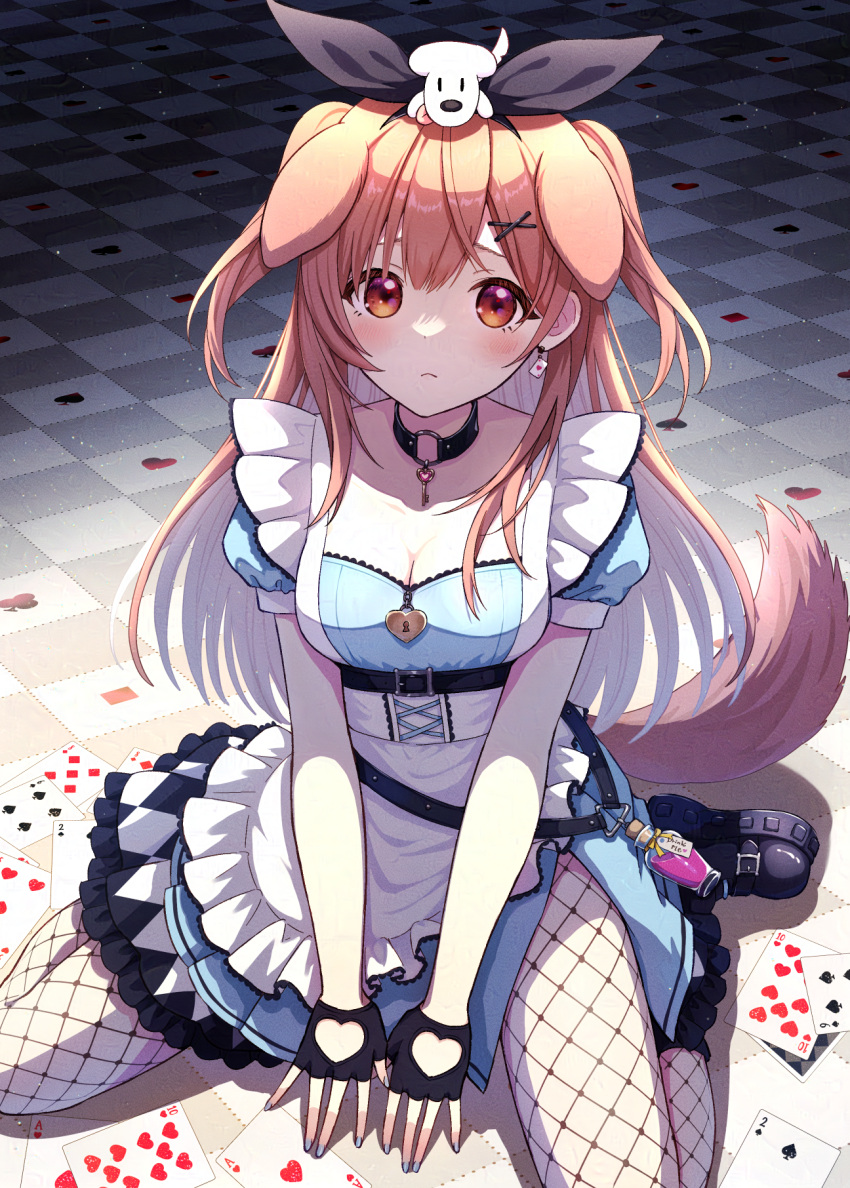 1girl animal_ears black_choker black_footwear black_gloves black_headband blue_dress blue_nails blush boots breasts brown_eyes brown_hair card checkered_floor choker cleavage dog_ears dog_girl dog_tail dress drink_me_potion fingerless_gloves fishnet_pantyhose fishnets gloves hair_ornament headband highres hololive hoso-inu inugami_korone inugami_korone_(6th_costume) long_hair looking_at_viewer medium_breasts nail_polish o-ring o-ring_choker official_alternate_costume pantyhose playing_card playing_card_earrings tail uni_(maru231) virtual_youtuber x_hair_ornament