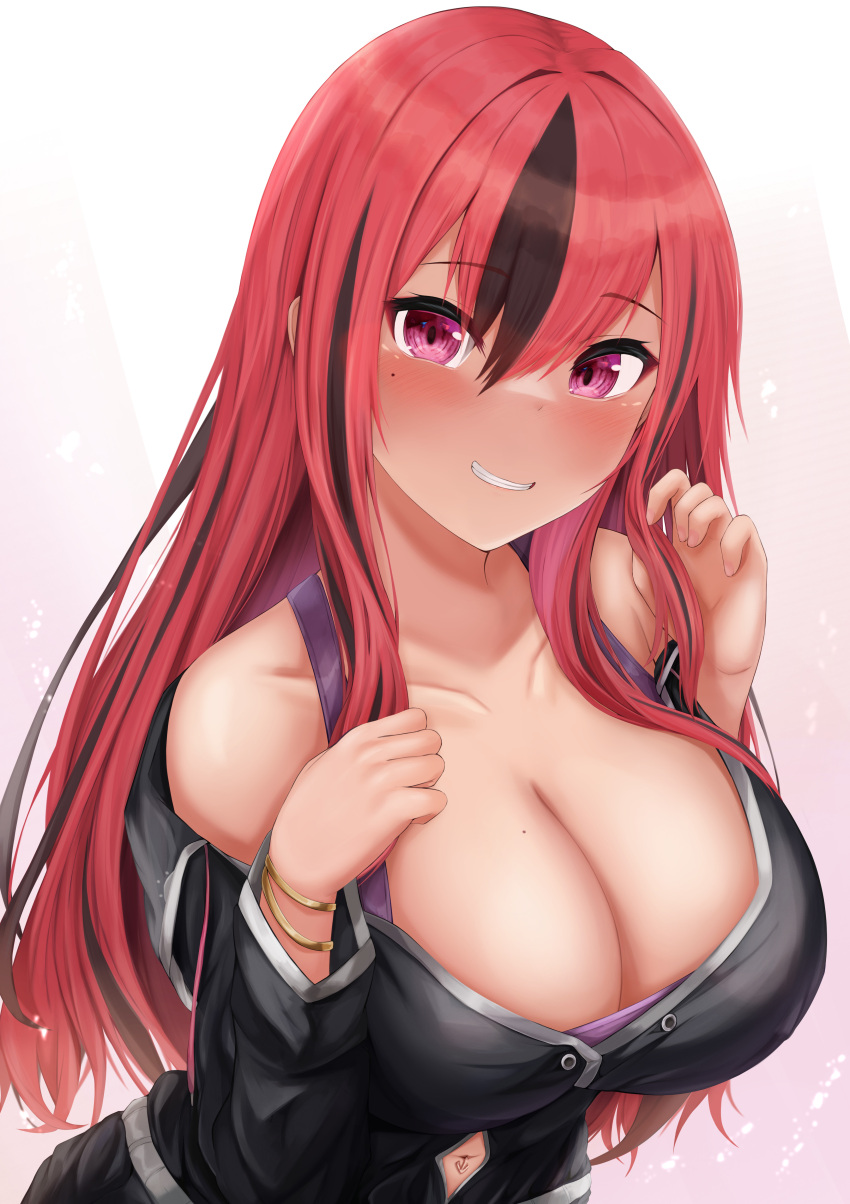 1girl absurdres azur_lane bare_shoulders black_hair black_jacket black_shorts blush bracelet breasts bremerton_(azur_lane) bremerton_(relaxation_consultation)_(azur_lane) cleavage clothing_cutout collarbone commentary gold_bracelet hair_between_eyes hair_down hands_up highres jacket jewelry large_breasts long_hair long_sleeves looking_at_viewer mole mole_on_breast mole_under_eye multicolored_hair navel navel_cutout navel_piercing off_shoulder official_alternate_costume official_alternate_hairstyle parted_lips piercing pink_eyes pink_hair purple_tank_top ryara shorts sidelocks smile solo standing streaked_hair tank_top two-tone_hair