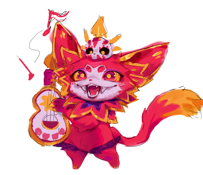 gnar_(lol) gnar_la_ilusion holding_object league_of_legends looking_at_viewer male musical_instrument open_mouth ramssa red_body red_eyes riot_games simple_background solo tail white_background yordle