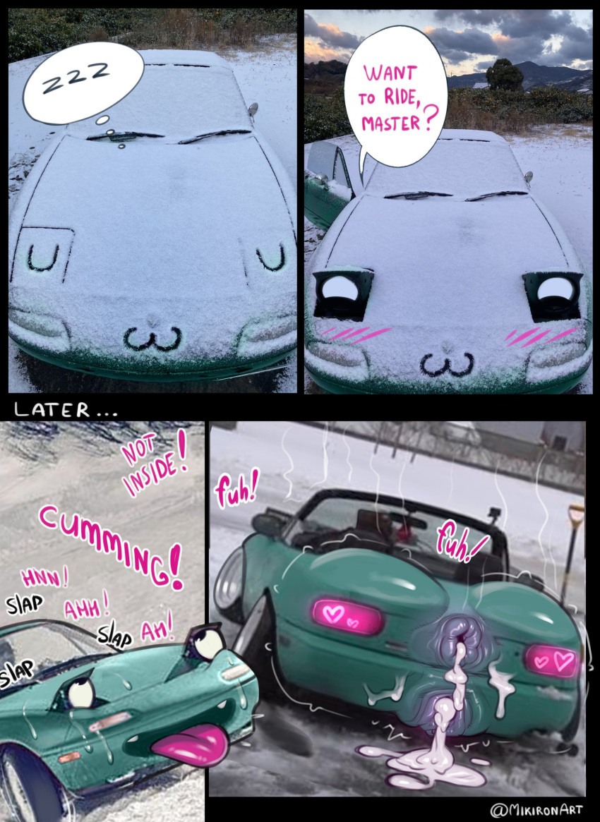 &lt;3 anal anthro anus blush bodily_fluids butt car cum cum_in_ass cum_in_pussy cum_inside cum_on_butt dire_car dire_machine dire_vehicle english_text female female_penetrated from_behind_position fucked_silly gaping gaping_anus genital_fluids genitals green_body headlight_eyes hi_res living_car living_machine living_vehicle machine mechanophilia messy mikiron moan not_furry nude penetration plump_labia pussy rear_view sex sleeping snow solo_focus steaming suggestive text tongue tongue_out unseen_male unseen_partner vehicle