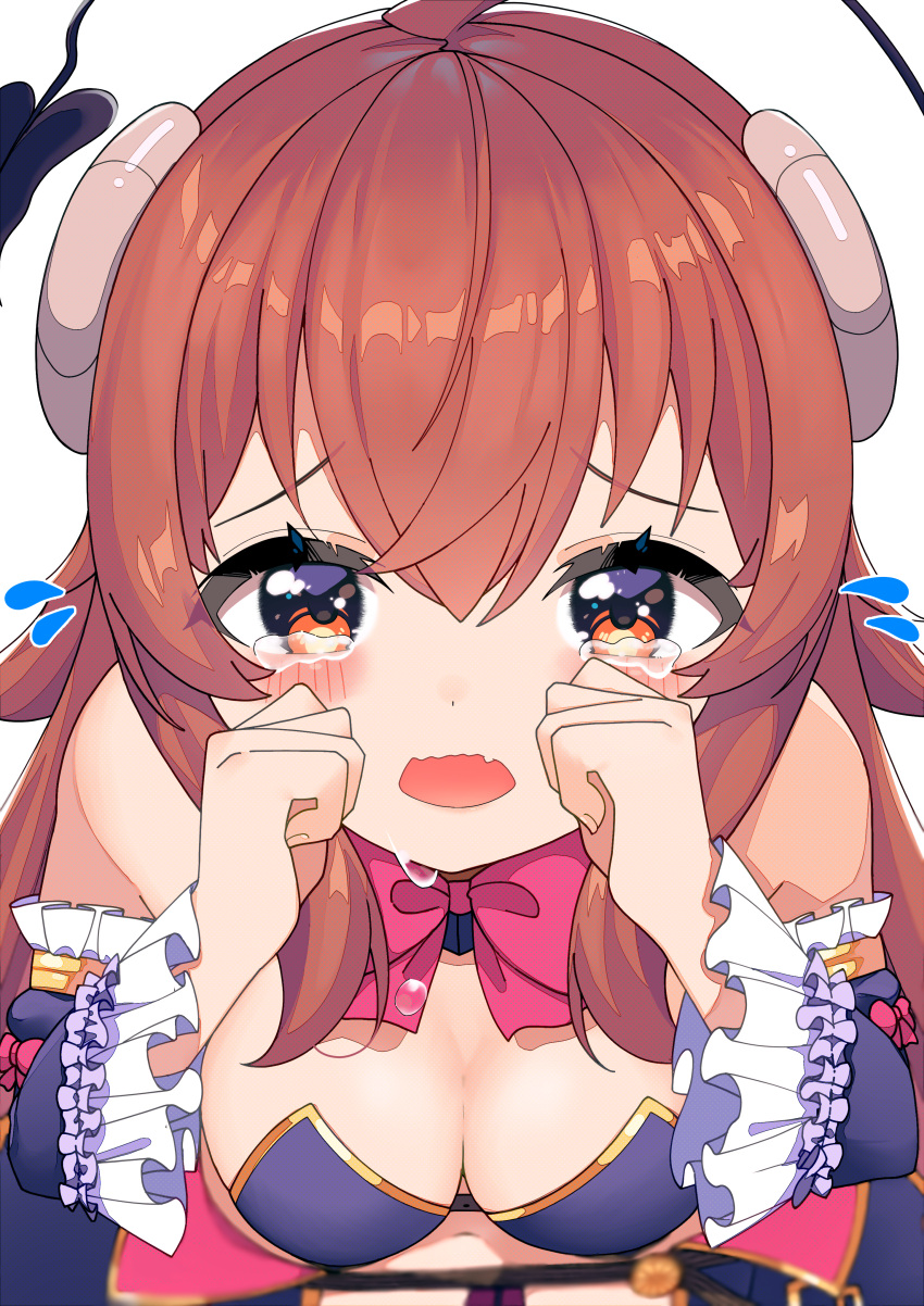 1girl absurdres ahoge bare_shoulders blush bow breasts brown_eyes brown_hair cleavage clenched_hands commentary_request crisis_management_form_(machimazo) crossed_bangs crying crying_with_eyes_open demon_girl demon_horns demon_tail detached_sleeves eyelashes fang frilled_sleeves frills from_above hair_between_eyes hands_up highres horns large_breasts long_hair long_sleeves looking_at_viewer machikado_mazoku nokia_hiyou open_mouth pink_bow rubbing_eyes sad sidelocks simple_background skin_fang solo straight-on tail tears white_background wide_sleeves yoshida_yuuko_(machikado_mazoku)