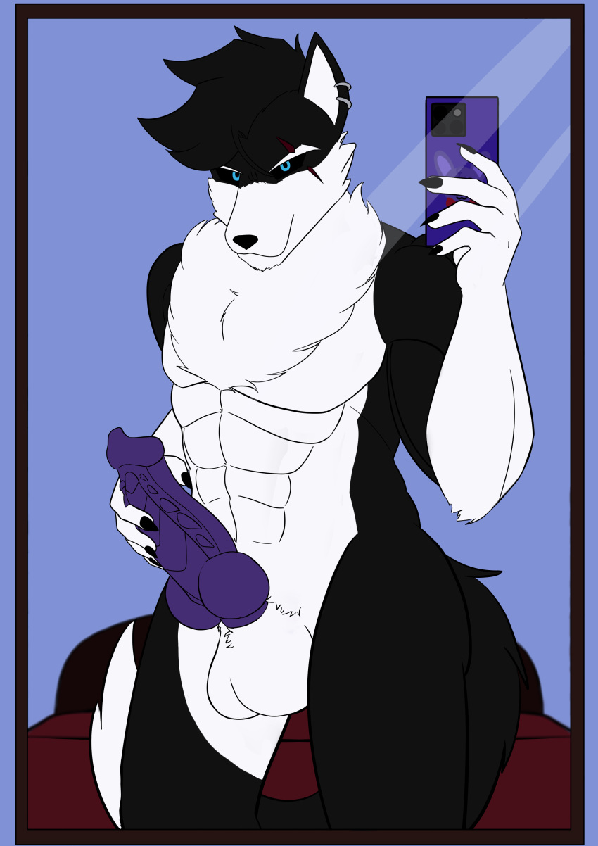 abs absurd_res anonymous_artist anthro balls big_balls big_penis blue_eyes canid canine canis exe_williams genitals hi_res knot male mammal mirror_selfie penile_spines penis purple_penis scar selfie solo wolf