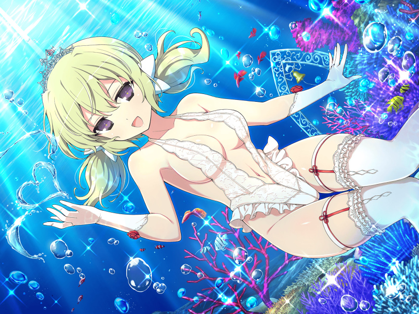 1girl air_bubble angelfish arch bell blonde_hair blush bow breasts bridal_lingerie bubble butterflyfish cleavage clownfish coral coral_reef fish flower gloves heart highres kafuru_(senran_kagura) leotard lingerie looking_at_viewer low_twintails medium_breasts navel official_alternate_costume official_art plunging_neckline purple_eyes red_flower red_rose rose senran_kagura senran_kagura_estival_versus senran_kagura_new_link smile solo swimming thigh_strap thighhighs tiara tropical tropical_fish twintails underwater underwear water white_gloves white_leotard white_thighhighs yaegashi_nan