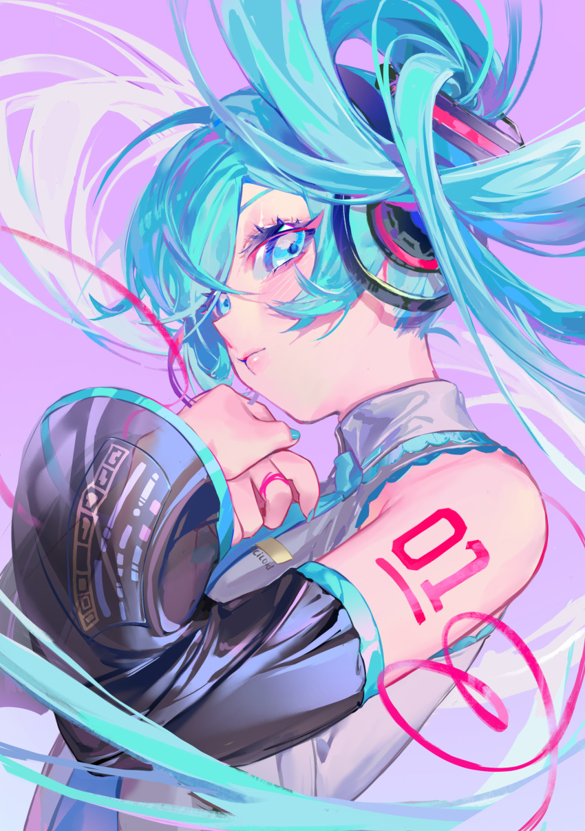 1girl absurdres aqua_eyes aqua_hair aqua_nails aqua_trim bare_shoulders collared_shirt detached_sleeves grey_shirt hair_between_eyes hair_ornament hatsune_miku headphones heart heart_of_string highres kako_(pixiv77158173) long_hair looking_at_viewer nail_polish necktie shirt twintails very_long_hair vocaloid