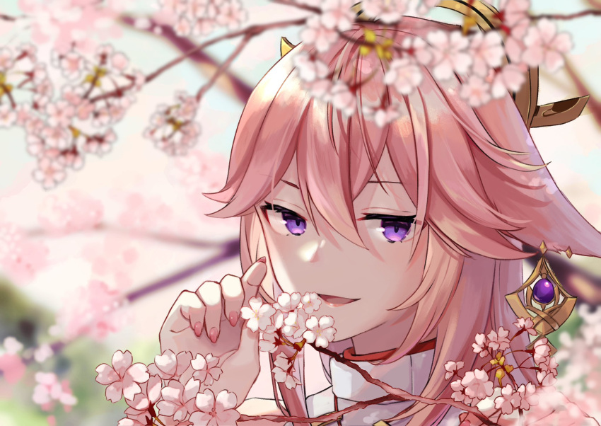 1girl animal_ears cherry_blossoms fox_ears genshin_impact gloves hair_between_eyes hair_ornament highres japanese_clothes long_hair pink_gloves pink_hair purple_eyes smile solo yae_miko yu_ri_0320