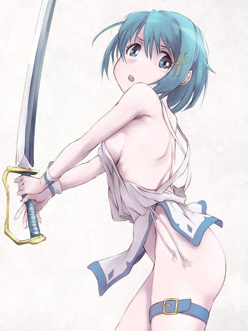 1girl alternate_costume blue_eyes blue_hair bottomless breasts fortissimo from_side garter_belt gloves hair_ornament highres holding holding_sword holding_weapon looking_at_viewer mahou_shoujo_madoka_magica marutaya miki_sayaka musical_note musical_note_hair_ornament no_nose open_mouth short_hair sideboob simple_background standing sword toga weapon white_background white_gloves