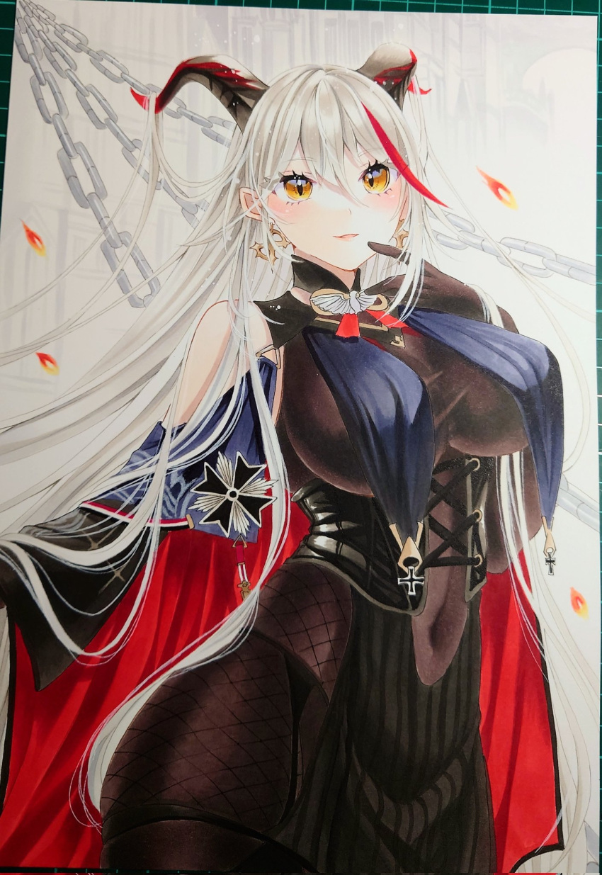 1girl aegir_(azur_lane) azur_lane bare_shoulders black_cape black_gloves bodystocking breast_curtains breasts cape chain clothing_cutout covered_navel cowboy_shot cross cross-laced_clothes demon_horns earrings finger_to_mouth gloves hair_between_eyes hair_on_horn highres horns iron_cross jewelry large_breasts long_hair looking_at_viewer marker_(medium) mimi_(mini1474) multicolored_hair navel_cutout red_hair slit_pupils solo streaked_hair traditional_media two-tone_hair underbust very_long_hair white_hair yellow_eyes