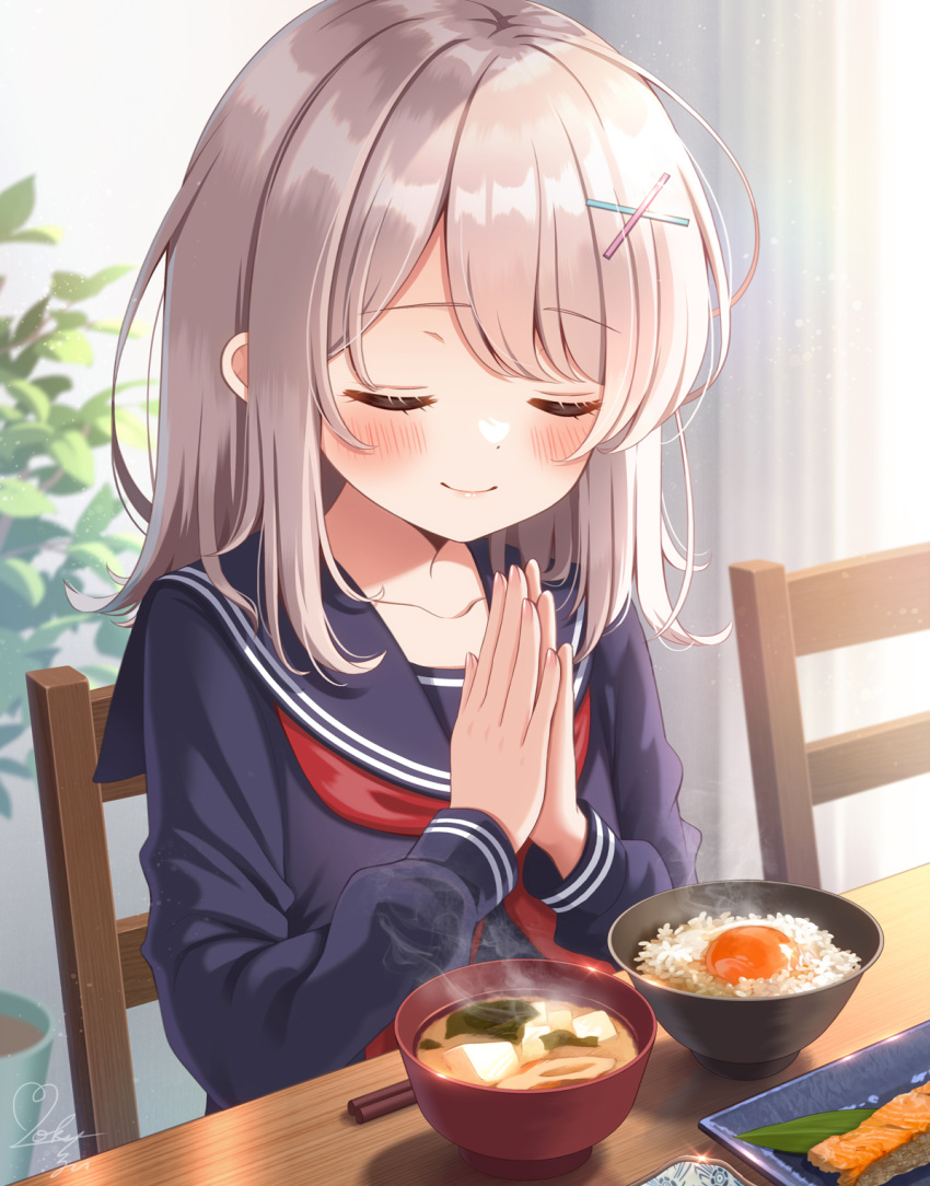 1girl black_sailor_collar black_serafuku blush chopsticks closed_eyes closed_mouth fingernails grey_hair hair_ornament highres long_hair long_sleeves miso_soup mozukun43 neckerchief original red_neckerchief rice sailor_collar school_uniform serafuku signature smile solo tamagokake_gohan x_hair_ornament