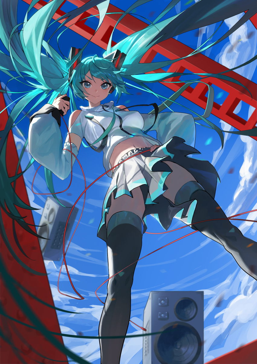 1girl absurdres alternate_breast_size aqua_eyes aqua_hair bare_shoulders black_footwear black_skirt blue_sky boots breasts cable chinese_commentary closed_mouth clothing_cutout commentary crop_top day detached_sleeves floating_hair from_below hand_on_own_hip hatsune_miku headset highres holding holding_microphone long_hair long_sleeves looking_at_viewer looking_down medium_breasts microphone midriff navel outdoors shoulder_cutout skirt sky smile speaker thigh_boots twintails v-shaped_eyebrows very_long_hair vocaloid wind wow+ zettai_ryouiki