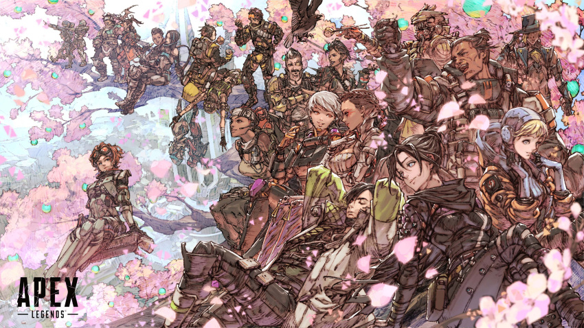 1other 6+boys 6+girls absurdres ambiguous_gender android animification apex_legends arm_tattoo armor ash_(titanfall_2) bandana bangalore_(apex_legends) bat_(animal) bird black_bodysuit black_eyes black_hair black_headwear black_pants black_shirt blonde_hair bloodhound_(apex_legends) blue_bodysuit blue_eyes blue_hair bodysuit braid breastplate breasts broken_moon_(apex_legends) brown_eyes brown_hair cable catalyst_(apex_legends) caustic_(apex_legends) cherry_blossoms chopsticks closed_eyes clothing_cutout copyright_name crossed_arms crow crypto_(apex_legends) dango dark-skinned_female dark-skinned_male dark_skin double_bun dreadlocks earpiece echo_(apex_legends) everyone eyepatch eyeshadow facial_hair food fuse_(apex_legends) gibraltar_(apex_legends) gloves goggles goggles_on_head green_vest grey_gloves grey_hair grey_hairband grey_shirt hair_behind_ear hair_bun hairband hazmat_suit helmet highres holding holding_chopsticks hood hood_down hood_up hooded_bodysuit hooded_jacket horizon_(apex_legends) humanoid_robot in-universe_location jacket jumpsuit kazama_raita leaning_back lifeline_(apex_legends) loba_(apex_legends) logo long_hair looking_at_viewer looking_to_the_side mad_maggie_(apex_legends) makeup mask mechanical_arms medium_breasts mirage_(apex_legends) mouth_mask multicolored_hair multiple_boys multiple_girls mustache newcastle_(apex_legends) octane_(apex_legends) official_art omelet one_eye_covered open_hand orange_bodysuit orange_eyes orange_jacket orange_jumpsuit pants pathfinder_(apex_legends) petals rampart_(apex_legends) rebreather red_bandana red_eyes red_eyeshadow red_hair revenant_(apex_legends) ribbed_bodysuit robot seer_(apex_legends) shirt short_hair shoulder_cutout simulacrum_(titanfall) single_hair_bun single_mechanical_arm sitting sleeveless sleeveless_jacket smile soul_patch spacesuit strapless strapless_shirt streaked_hair surprised tamagoyaki tattoo tree twin_braids upside-down valkyrie_(apex_legends) vantage_(apex_legends) vest wagashi wattson_(apex_legends) white_jacket white_shirt wraith_(apex_legends) yellow_bodysuit
