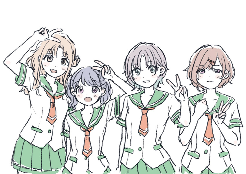 4girls ahoge aqua_eyes asakura_toru black_hair brown_hair commentary_request fangs fukumaru_koito gradient_hair green_sailor_collar green_skirt hair_ornament hairclip highres higuchi_madoka ichikawa_hinana idolmaster idolmaster_shiny_colors illusttama long_hair looking_at_viewer multicolored_hair multiple_girls neckerchief noctchill_(idolmaster) open_mouth pleated_skirt purple_eyes sailor_collar school_uniform serafuku short_hair short_sleeves skin_fangs skirt twintails v white_background