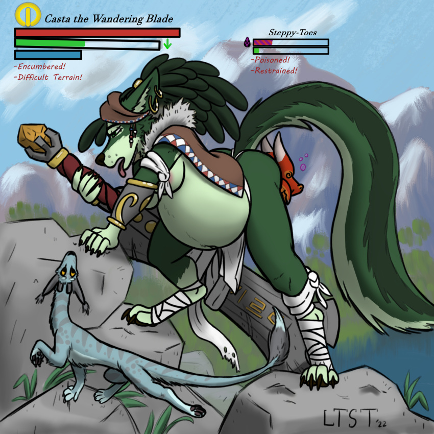 abdominal_bulge blue_body blue_fur bottomwear casta_(longtailshorttemper) clothing dragon feral fleki_(longtailshorttemper) fur furred_dragon gameplay_mechanics green_body green_fur greenwolf head_outside_pussy hi_res loincloth long_tail longtailshorttemper shatterworld tail unbirthing vaginal vore wrappings