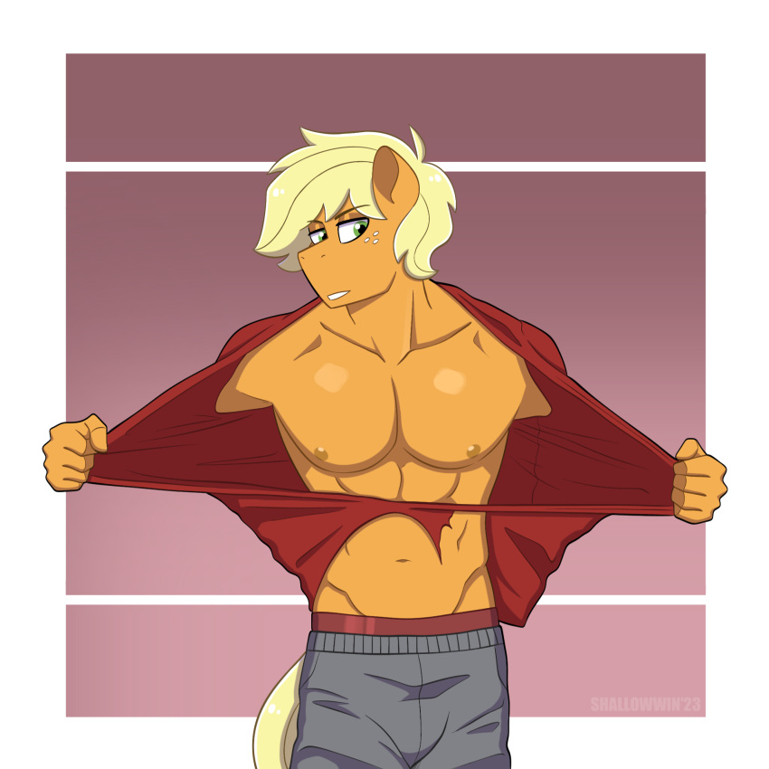 2023 5_fingers abs anthro anthrofied applejack_(mlp) athletic athletic_anthro athletic_male blonde_hair clothing crossgender digital_media_(artwork) earth_pony equid equine fingers freckles friendship_is_magic ftm_crossgender green_eyes hair hasbro hi_res horse male mammal my_little_pony navel nipples orange_body orange_skin pony shallowwin shirt_ripping solo tail torn_clothing yellow_tail