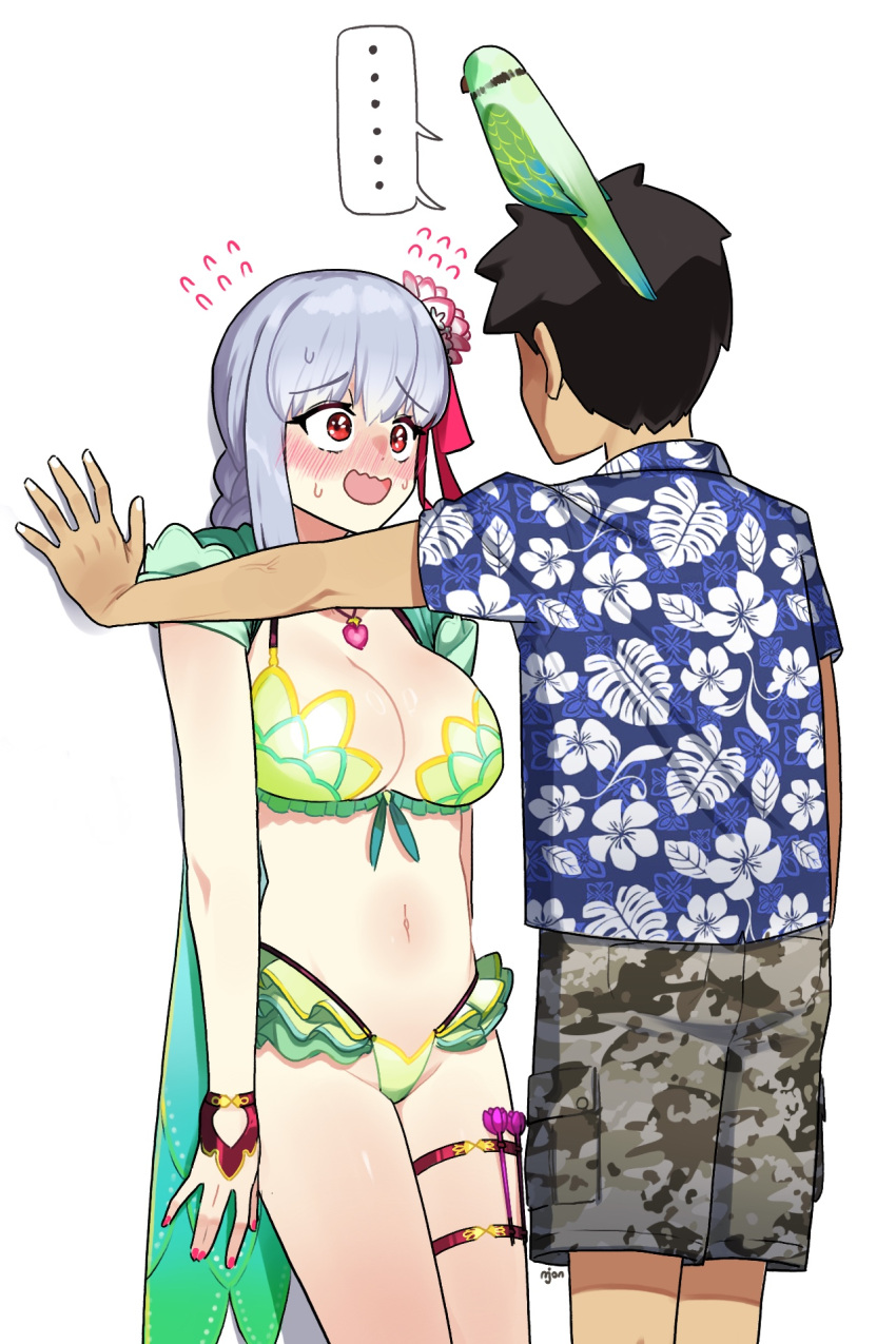 ... 1boy 1girl animal animal_on_head bikini bird blue_shirt blush braid braided_ponytail breasts camouflage camouflage_shorts cleavage commentary english_commentary fate/grand_order fate_(series) fingernails flower flying_sweatdrops fujimaru_ritsuka_(male) fujimaru_ritsuka_(male)_(tropical_summer) green_bikini grey_hair hair_flower hair_ornament hair_ribbon hawaiian_shirt highres jewelry kabedon kama_(fate) kama_(swimsuit_avenger)_(fate) kama_(swimsuit_avenger)_(second_ascension)_(fate) large_breasts long_hair looking_at_another monkey_jon navel necklace official_alternate_costume on_head open_mouth parrot pink_nails red_eyes red_ribbon ribbon shirt short_hair short_sleeves shorts simple_background speech_bubble stomach sweat swimsuit tan white_background white_nails