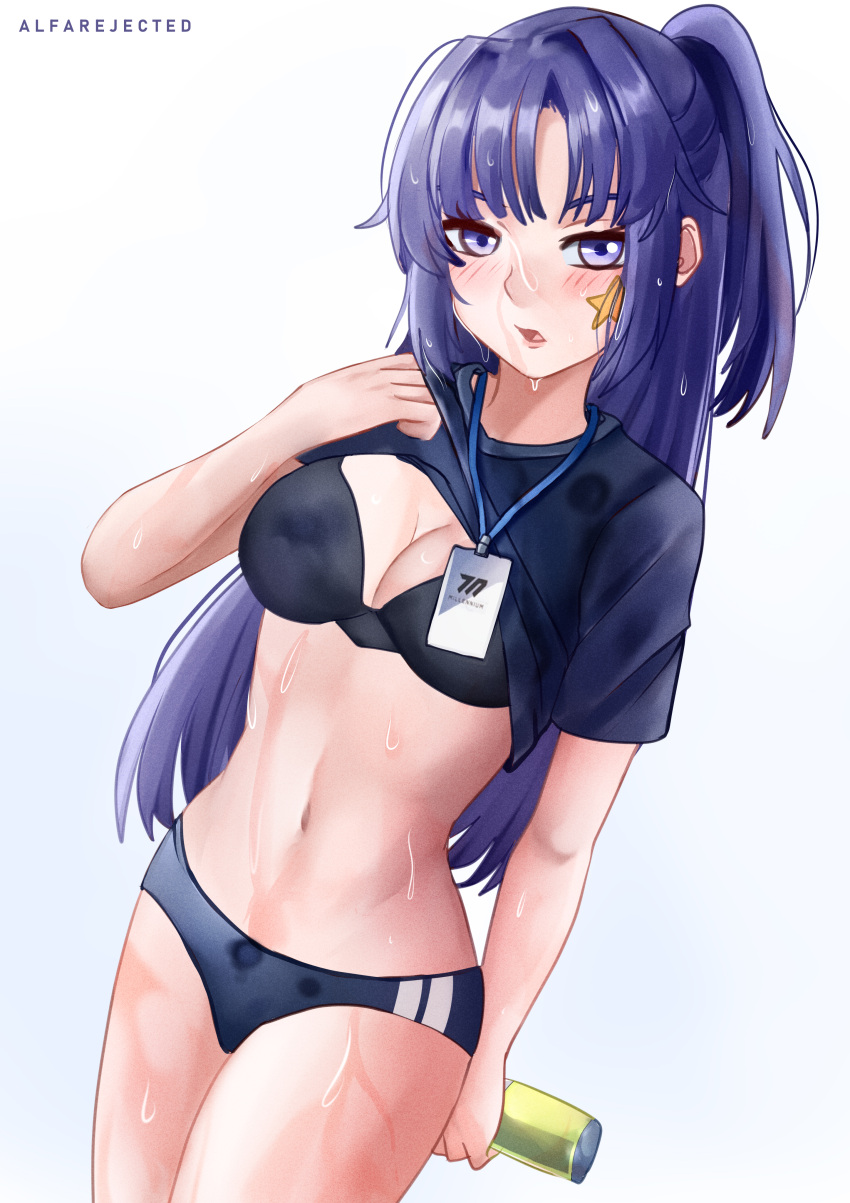 1girl absurdres alfarejected arm_behind_back black_bra blue_archive blue_buruma blush bra breasts buruma cleavage clothes_lift dutch_angle gym_uniform highres holding jacket lanyard long_hair looking_at_viewer medium_breasts navel official_alternate_costume open_mouth ponytail purple_eyes purple_hair shirt shirt_lift sidelocks signature stained_clothes star_sticker sticker_on_face sweat sweaty_clothes t-shirt thighs track_jacket underwear wet wet_hair white_background yuuka_(blue_archive) yuuka_(gym_uniform)_(blue_archive)
