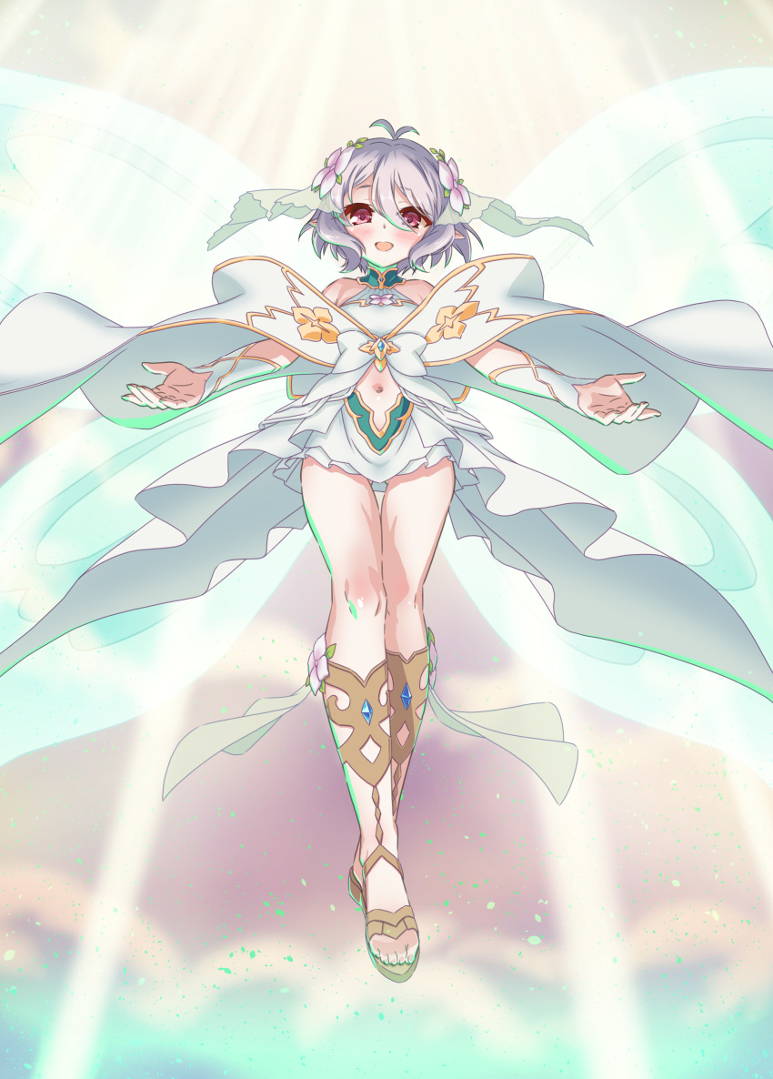 1girl absurdres ass_visible_through_thighs bare_shoulders blush choker dress elf feet floating flower gold_trim green_choker green_dress hair_flower hair_ornament highres kokkoro_(princess)_(princess_connect!) kokkoro_(princess_connect!) legs_together light_rays looking_at_viewer navel official_alternate_costume open_mouth outstretched_arms pointy_ears princess_connect! red_eyes short_hair spread_arms sunbeam sunlight toes white_flower white_hair zouni_(xavier)