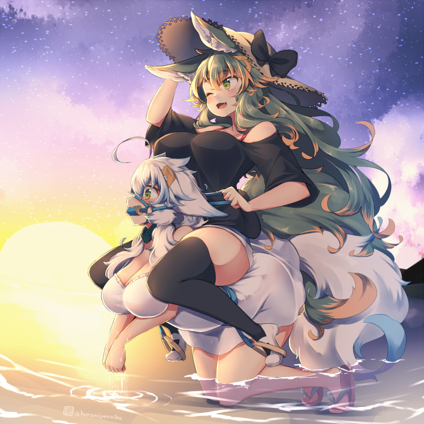 2girls ;d animal_ears bit_gag black_thighhighs blue_hair breasts brown_headwear cleavage cloud commentary_request evening fang gag green_eyes green_hair hat highres kneeling kuromiya kuromiya_raika large_breasts multicolored_hair multiple_girls ocean one_eye_closed open_mouth orange_hair original outdoors purple_sky riding sandals shiromiya_asuka short_hair sitting sitting_on_person sky smile star_(sky) starry_sky straw_hat sun thighhighs thighs toes twitter_username two-tone_hair water wet white_hair